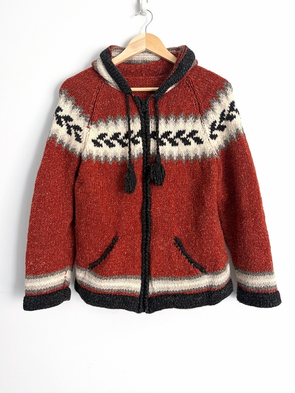 Vintage 1970s Hand Knit Wool Hooded Cowichan Style Zip Up - Size S